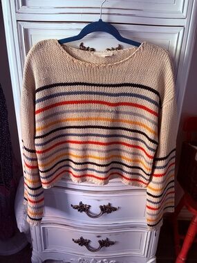 lovestitch Slightly Cropped Crewneck Sweater with Multicolor Stripes.